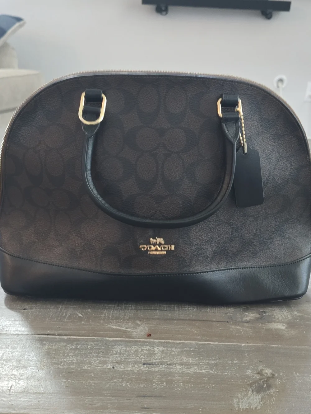 Coach Brown Signature Dome Satchel with Black Leather Trim and Gold Hardware